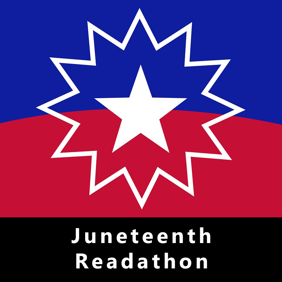 The Juneteenth flag, with the words "Juneteenth Readathon" below