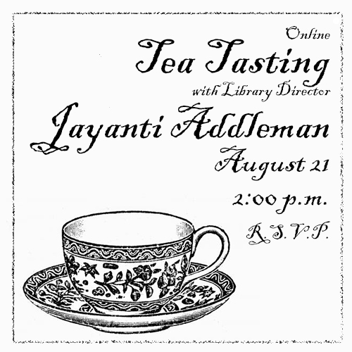 A drawing of a fancy teacup and saucer with a brief description of the event