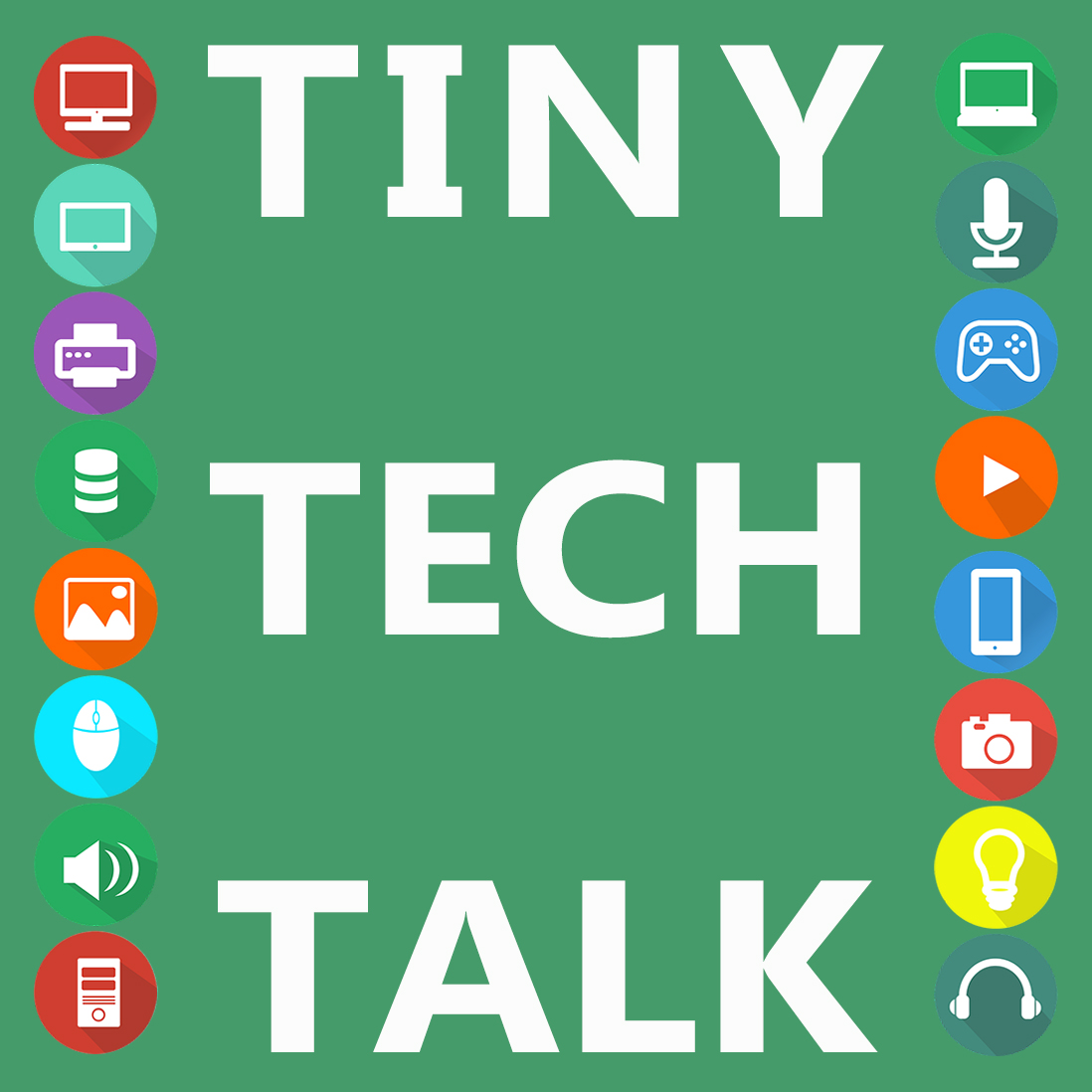 Green square decorated with colorful tech icons and the words "Tiny Tech Talk."