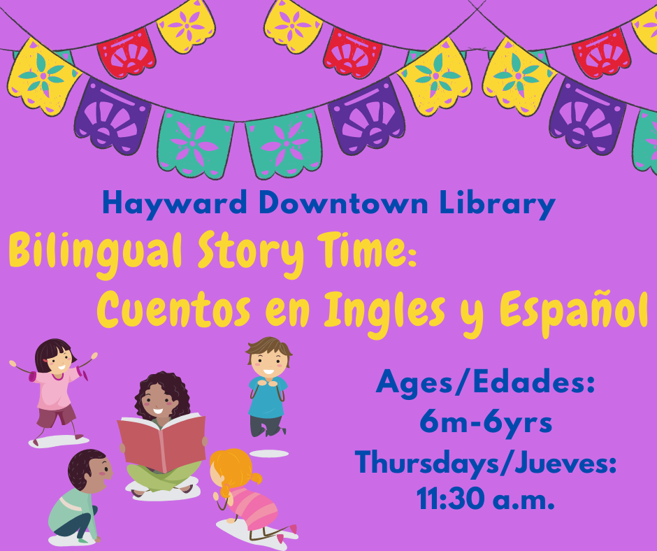 purple background with a colorful banner on top, kids sitting around an adult reading. Text in blue and yellow says bilingual story time cuentos en ingles y espanol, edades 6m-6yrs, thursdays/jueves 11:30