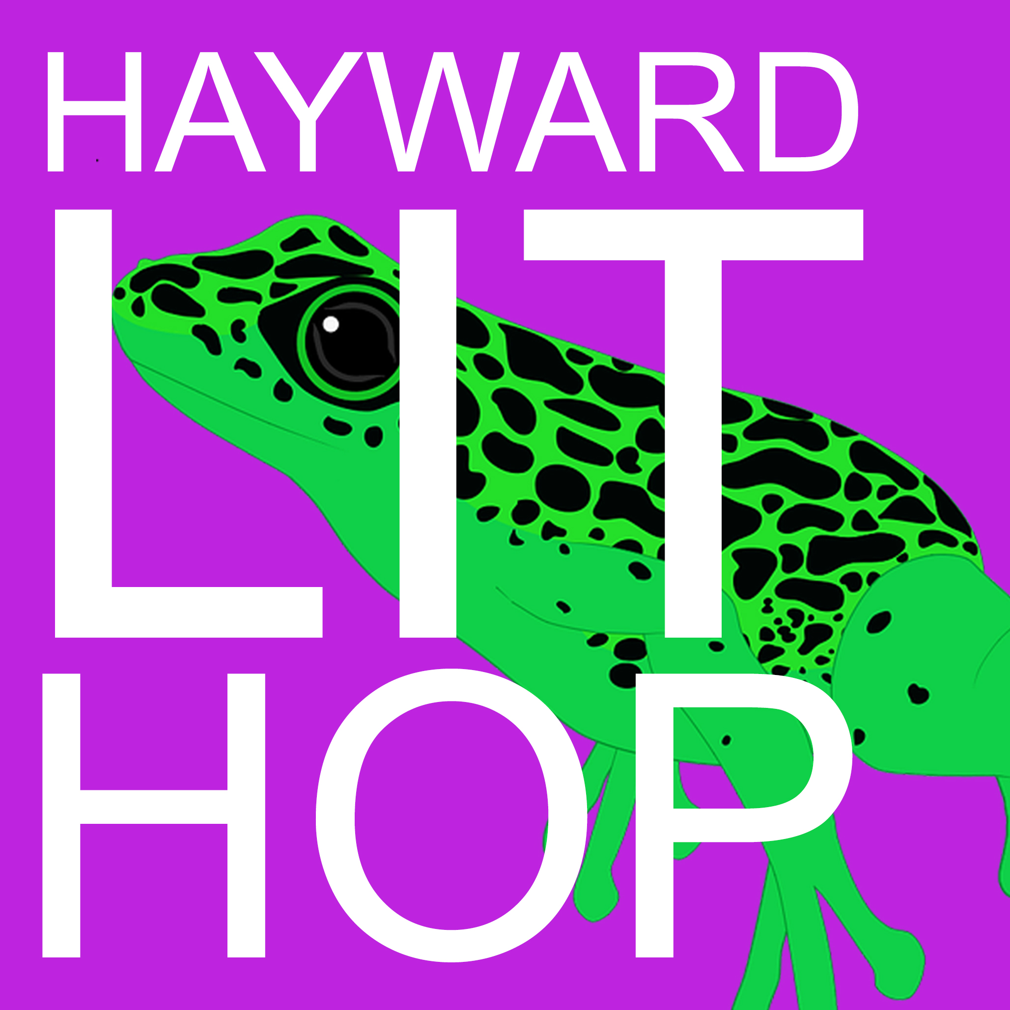A green-and-black speckled frog jumping across a purple background, with the words Hayward Lit Hop superimposed