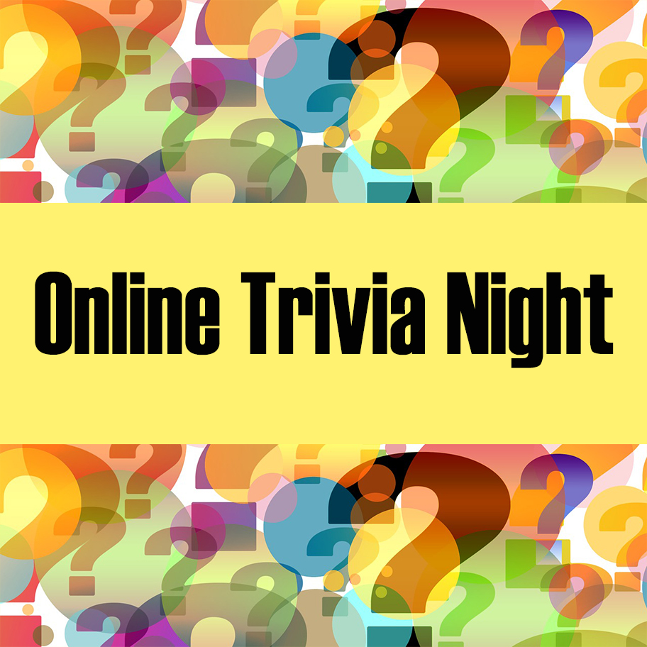 Multicolored question marks and a bright yellow bar with the words "Online Trivia Night" across it.
