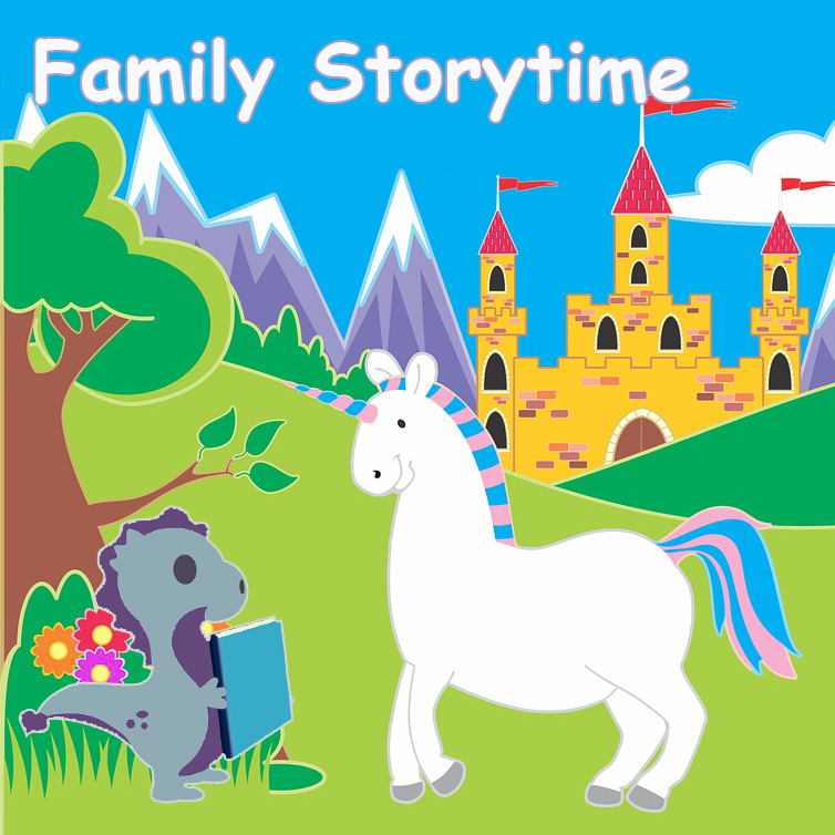 Cartoon image of a small dragon reading a book to a unicorn. Caption: Family Storytime