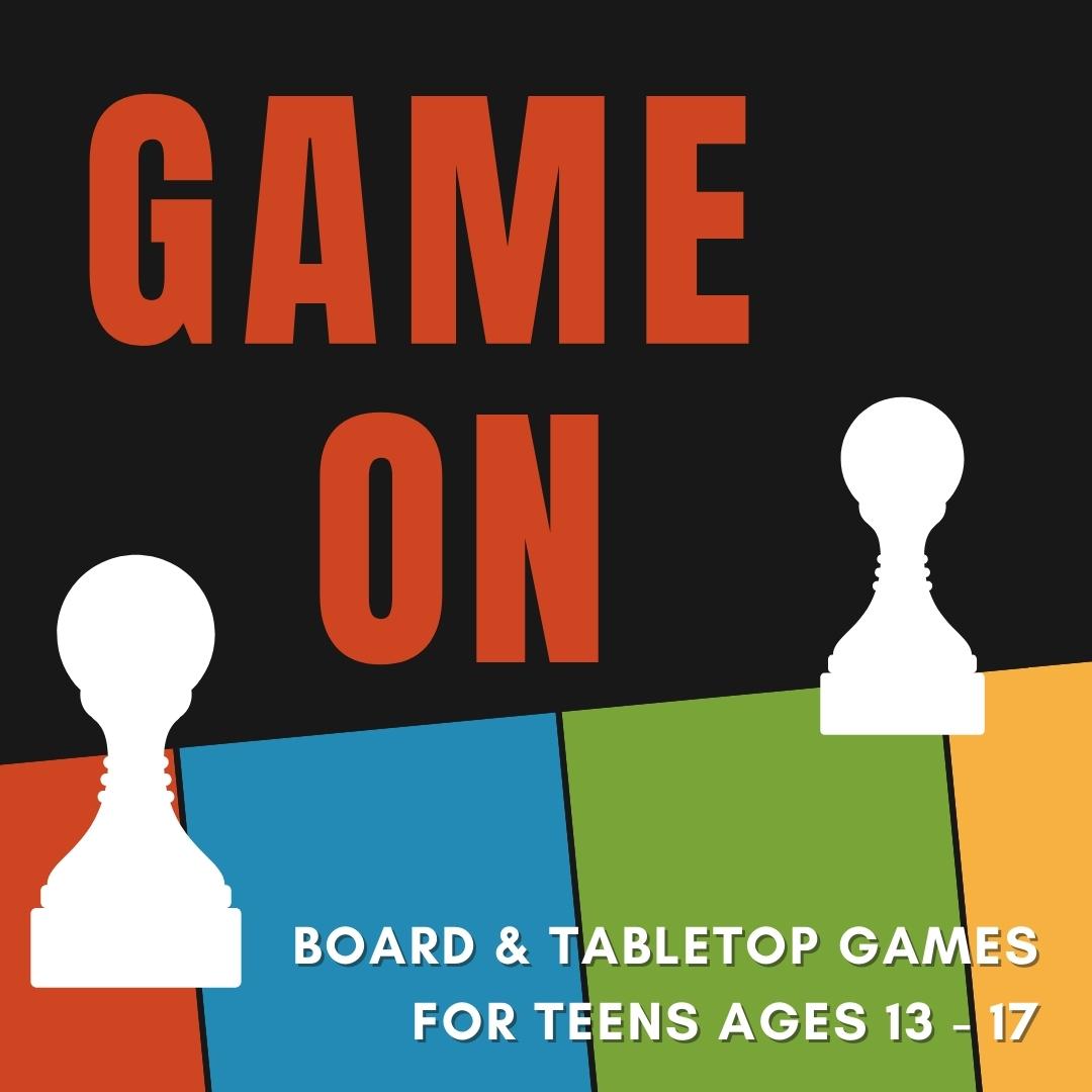 Text reads "Game On" with a colorful stylized edge of a game board and two white chess pawns.