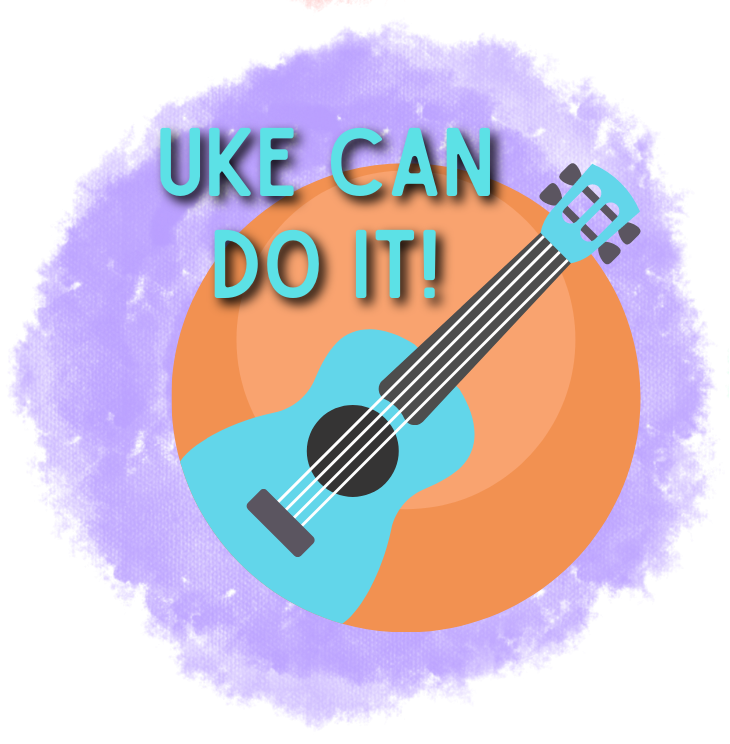 Image of a colorful ukulele with the words Uke Can Do It!