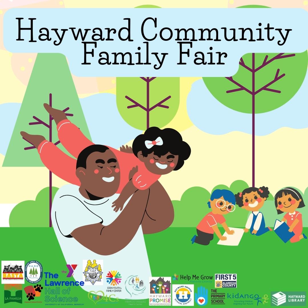 Families and children playing outdoors beneath the words "Hayward Community Family Fair."