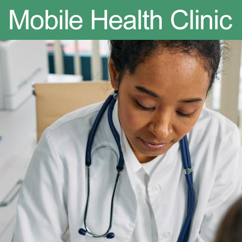 A doctor providing medical care. Caption: Mobile Health Clinic.