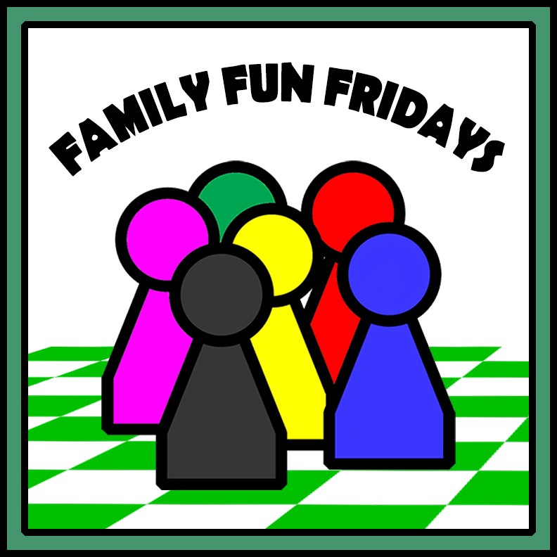 Colorful board game tokens arranged on a checkerboard, captioned "Family Fun Fridays"
