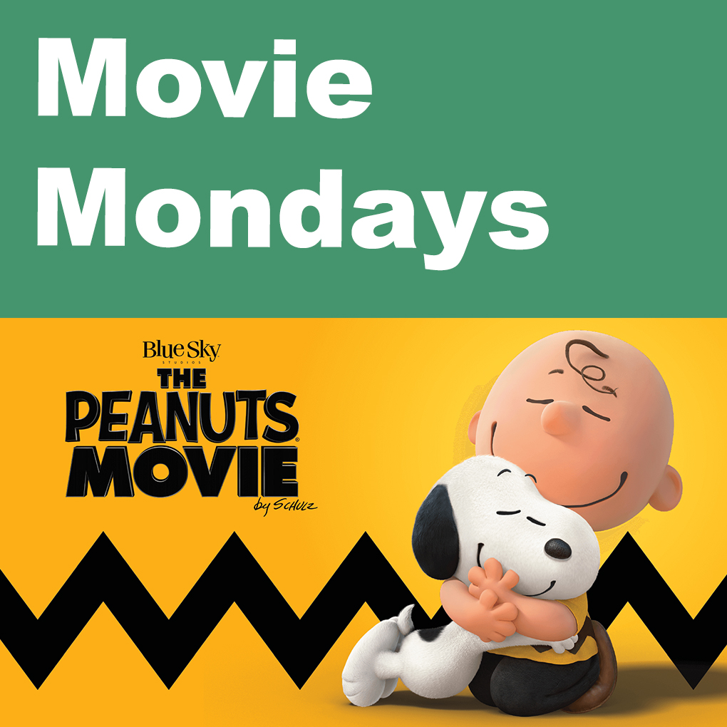 Image of Charlie Brown hugging Snoopy, with the words "Movie Mondays" above
