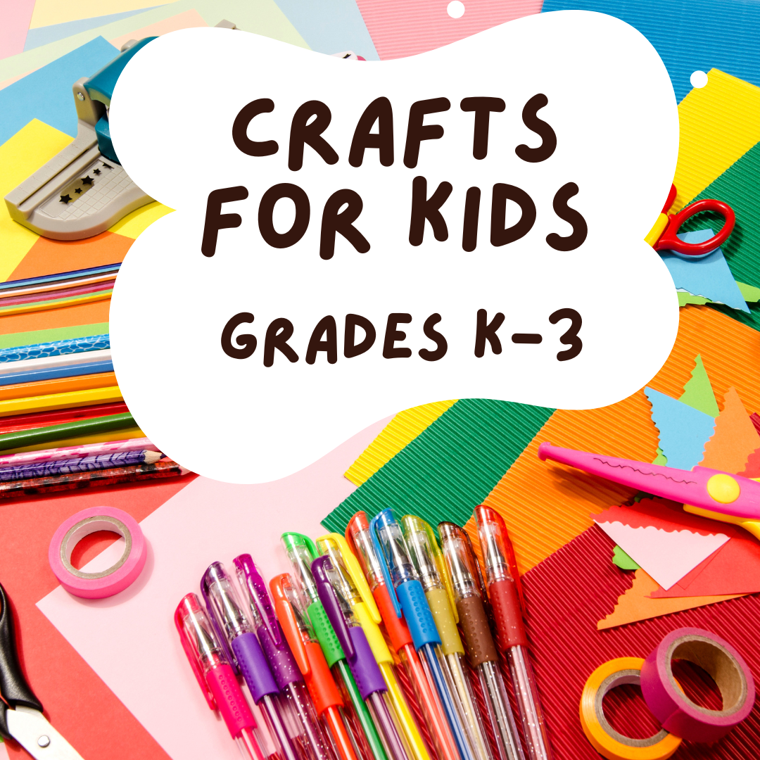 background image is of craft supplies like paper, markers, scissors, tape. white bubble in the center with brown text saying crafts for kids, grades k-3