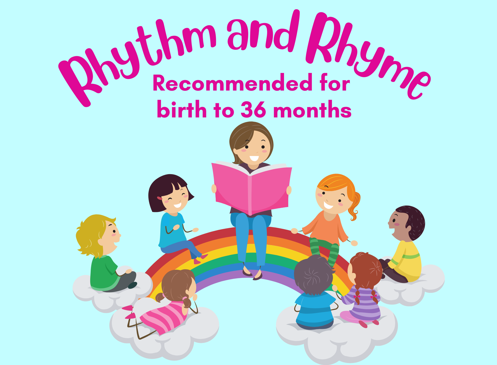 light blue background, pink letters say rhythm and rhyme for ages birth to 36 months. image in the center is an adult reading to a circle of 7 kids sitting on clouds and rainbow