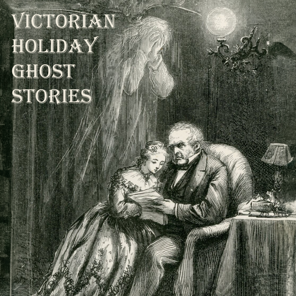 A Victorian etching of two people reading in a chair while a ghost hovers above them