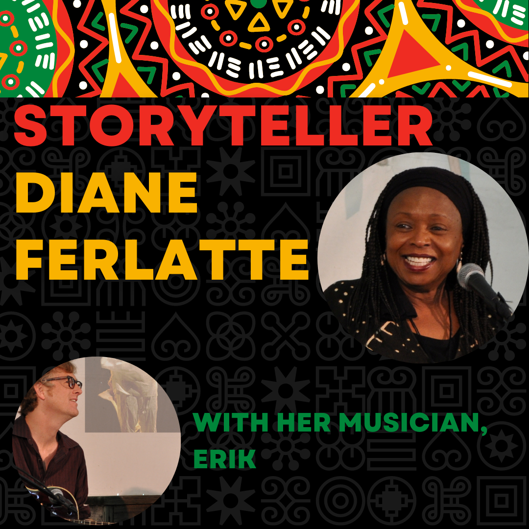 colorful geometric background on top, black background in center and bottom. text reads storyteller diane ferlatte with her musician Erik