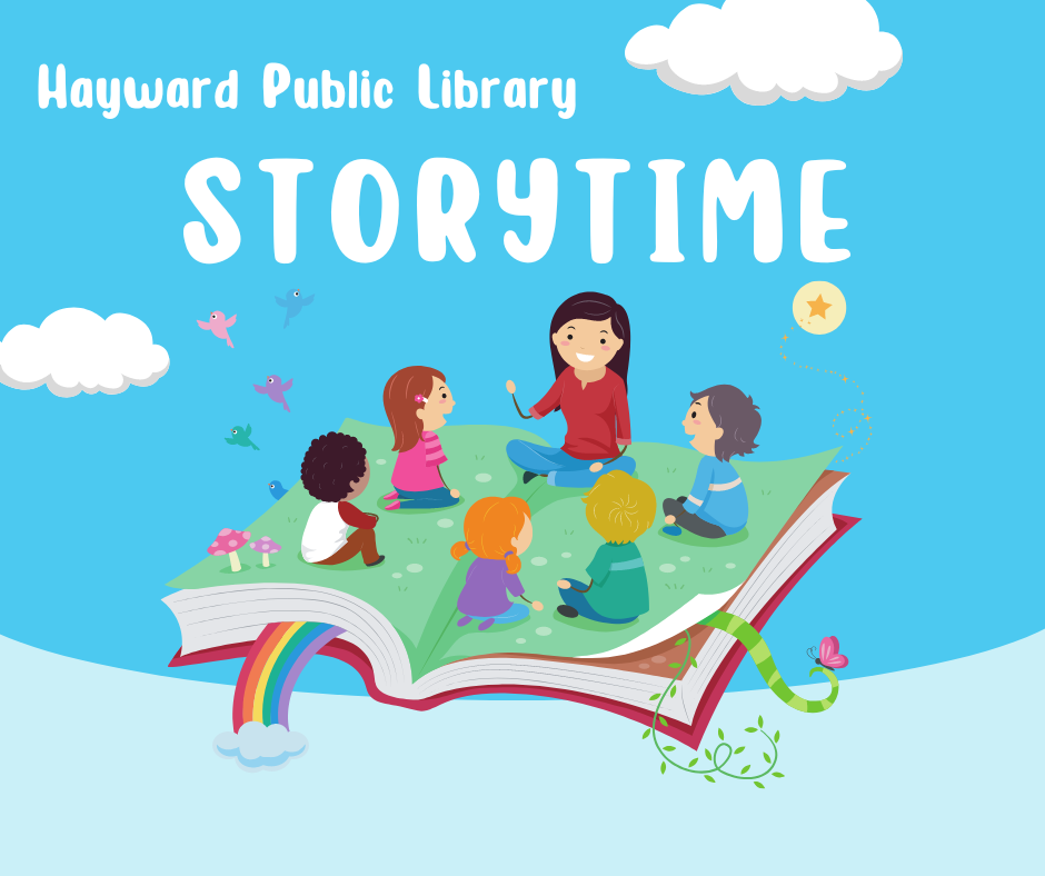 sky blue background, librarian and kids sitting in a circle on a giant book floating in the clouds, white text says hayward public library storytime