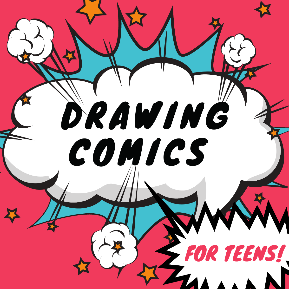 red background, blue and white comic bubble, red text says drawing comics for teens