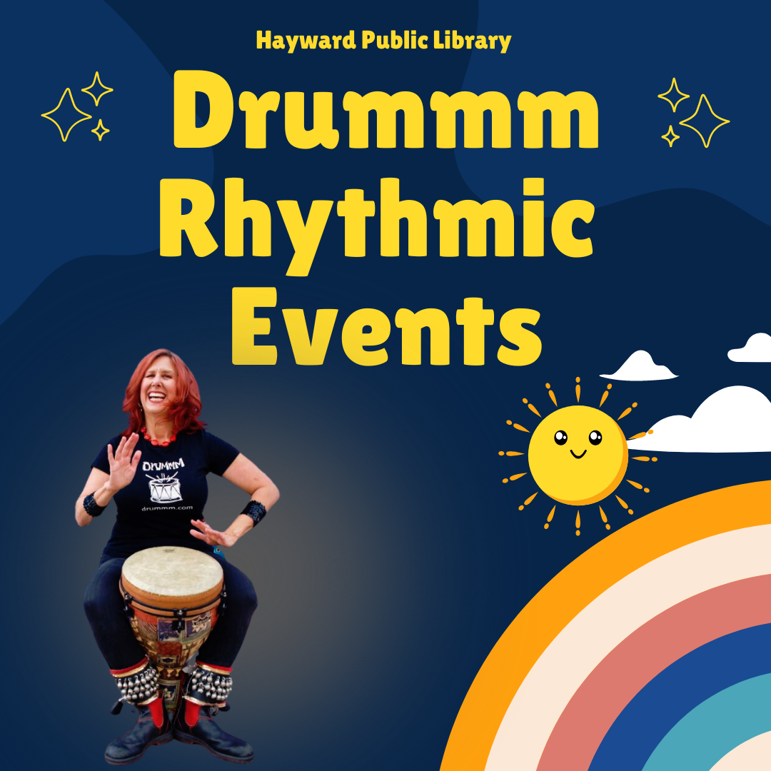 dark blue background, rainbow on bottom corner with sun and clouds. Yellow text says Drummm rhythm events with a picture of a woman playing a drum in bottom left hand corner