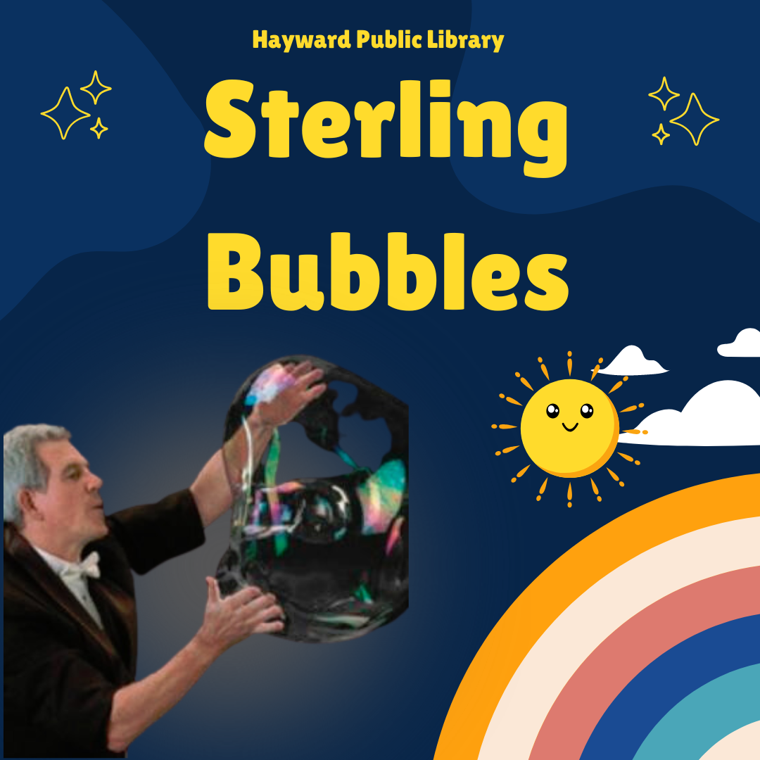 dark blue background, yellow text says sterling bubbles with a picture of sterling with a giant bubble in bottom left corner. rainow, clouds, sun in bottom right corner