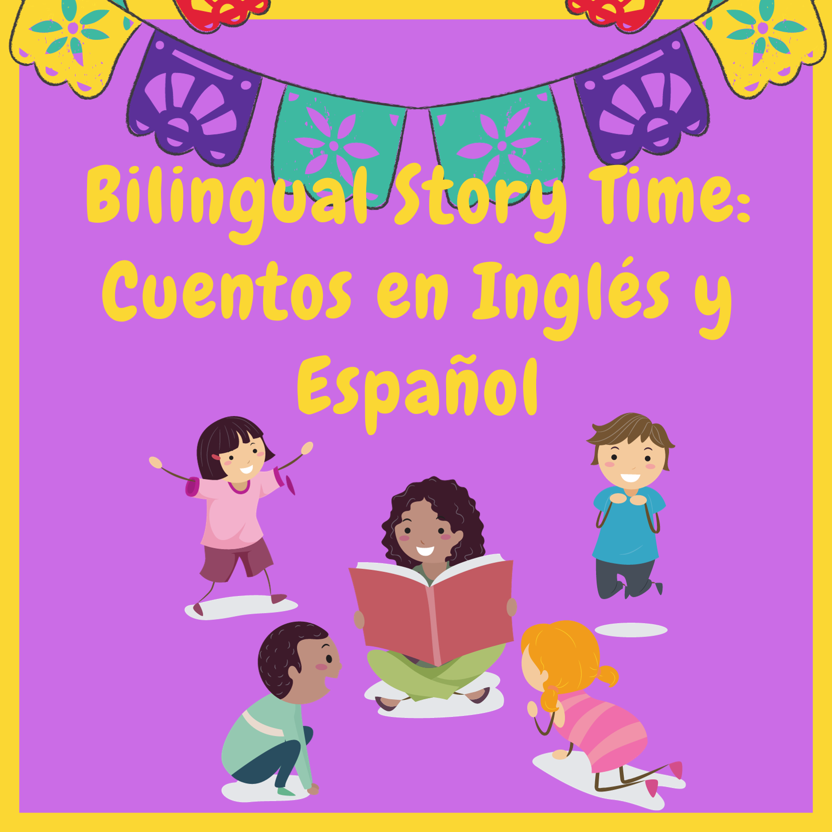 purple background with a colorful banner on top, kids sitting around an adult reading. Text in blue and yellow says bilingual story time cuentos en ingles y espanol