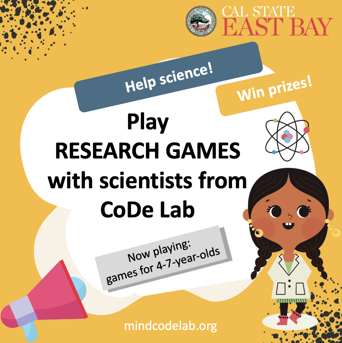 yellow background with kid scientist pictured, text reads play research games with scientists from CoDe lab