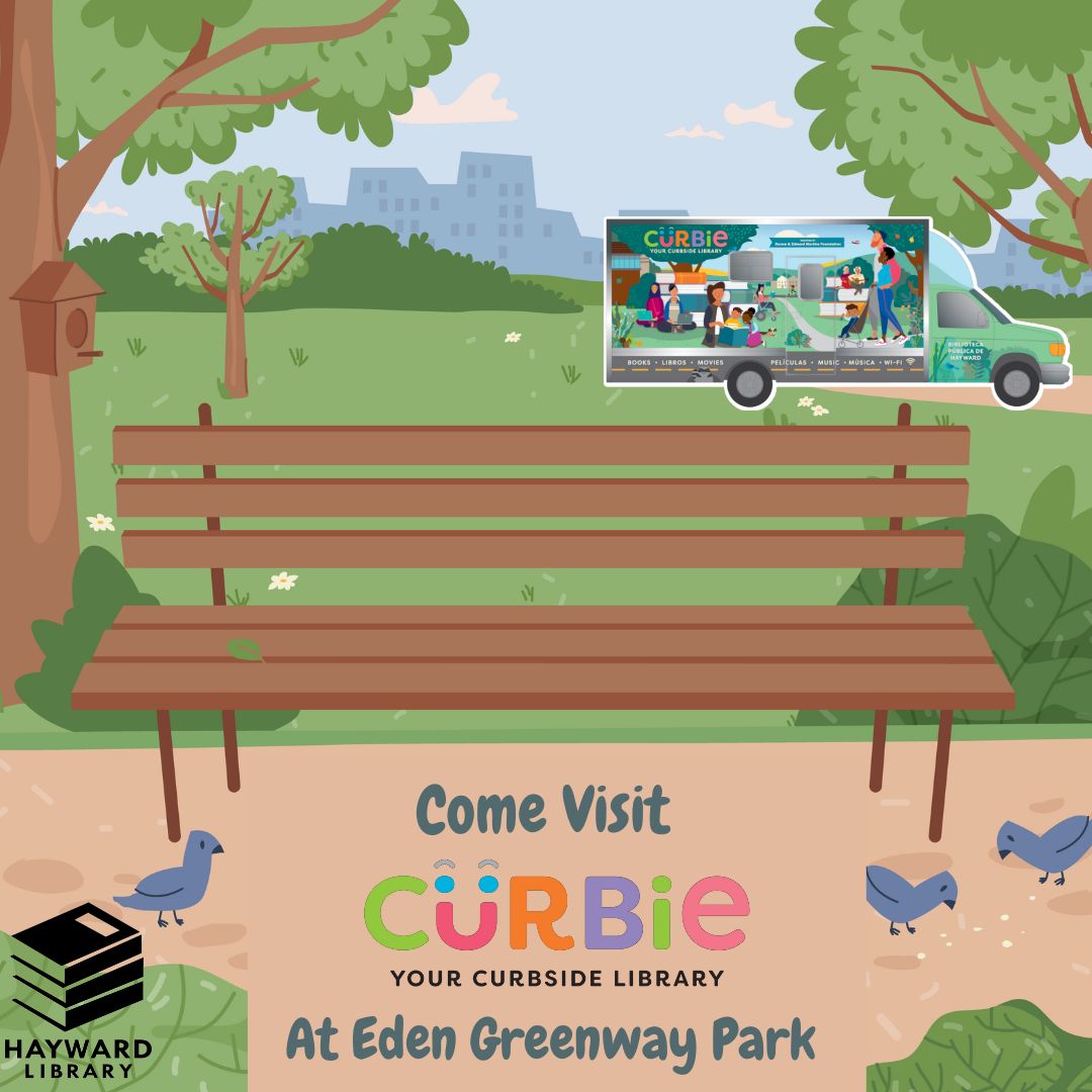 Text reads, "Come visit Curbie at Eden Greenway Park." Image is of a park bench and bookmobile parked behind it.