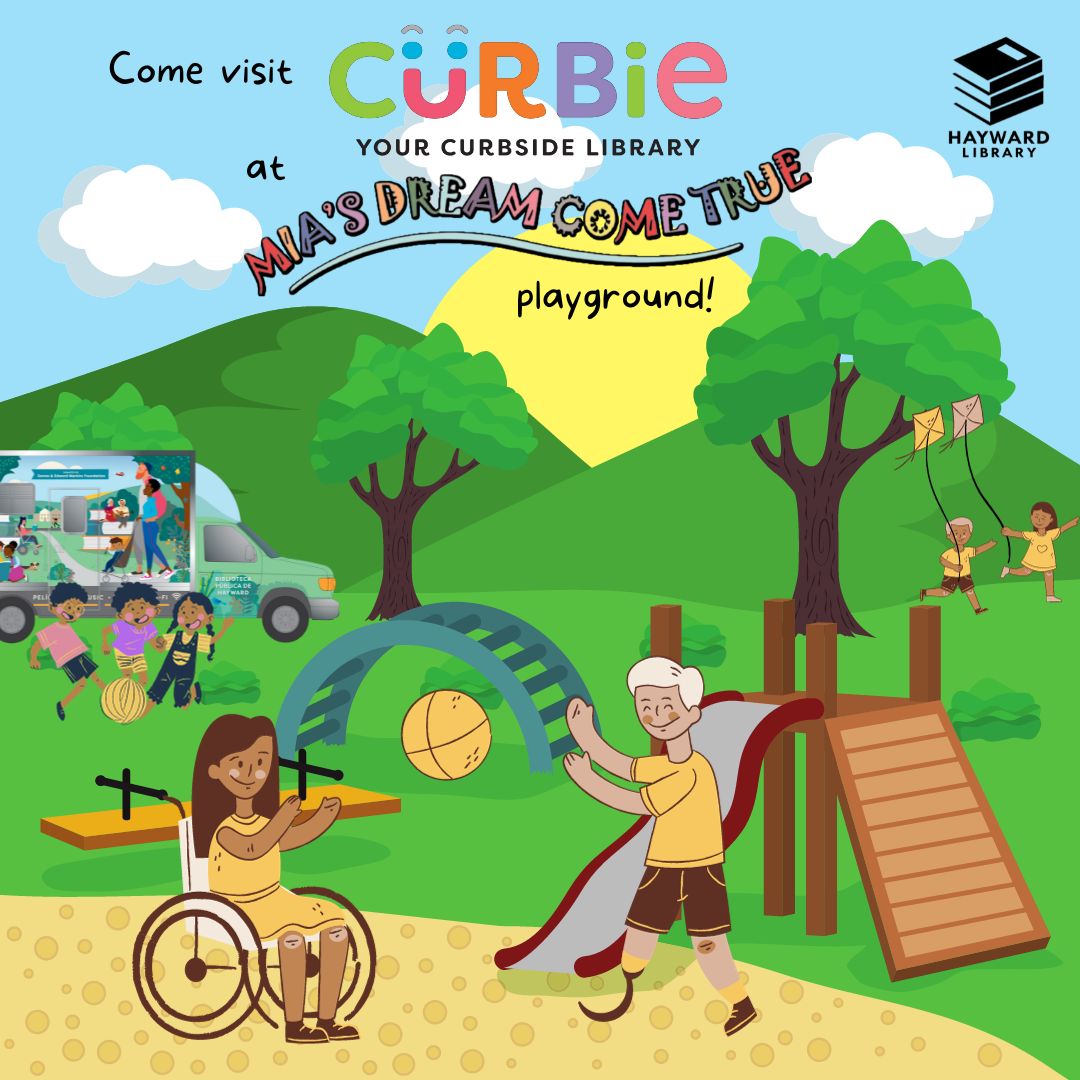 Text reads, "Come Visit Curbie at Mia's Dream Come True Playground"; Image is of children playing at the playground.