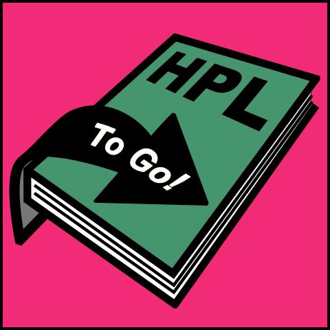 A logo of a green book with a black arrow across it on a pink background, reading "HPL To Go!"