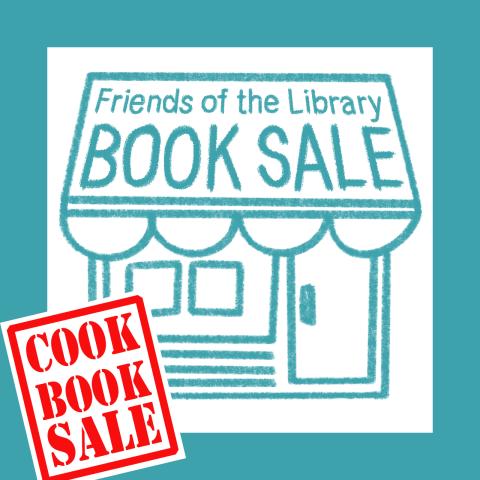 A crayon drawing, in teal, of a shop front whose awning reads "Friends of the Library book sale." Superimposed: a red and white rectangle reading "Cook book sale."