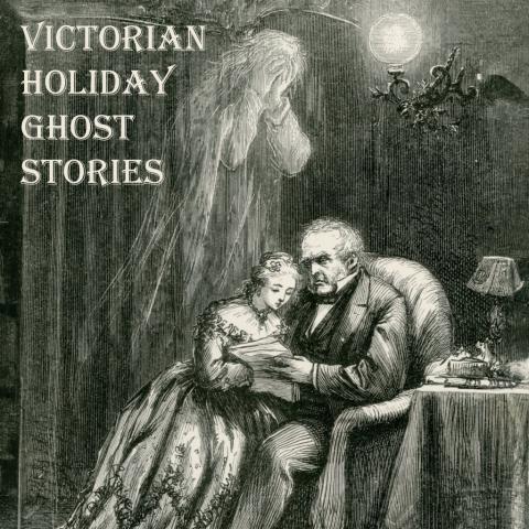 A Victorian etching of two people reading in a chair while a ghost hovers above them