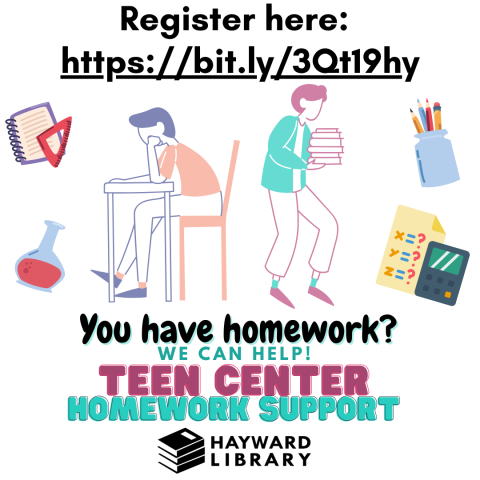 Illustrations of teens and library logo with web link address