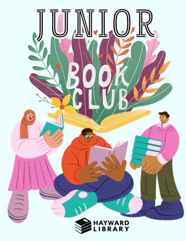 image of cartoon kids with books below Junior Book Club logo with colorful leaves