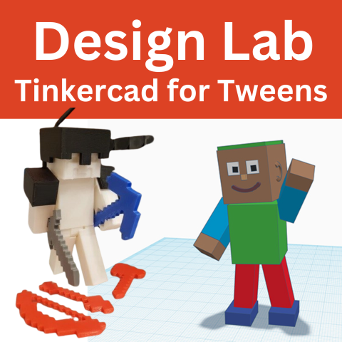 Picture of 3D printed character Steve from Minecraft, and 3D design of an avatar in Tinkercad.