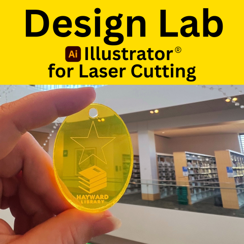 Image of yellow acrylic keychain engraved on laser cutter with Hayward Public Library logo.