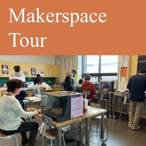 Photo of Makerspace with patrons 3D printing and using carving machine.