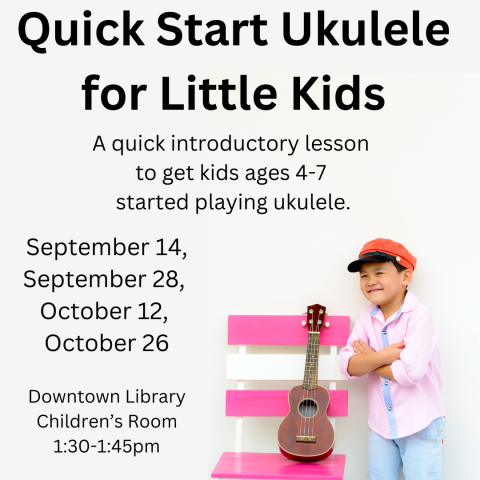 cute picture of a kid standing next to a ukulele with information about Quick Start Ukulele For Little Kids