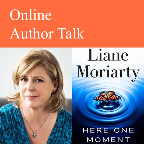 Author Liane Moriarty with the cover of her book, "Here One Moment"