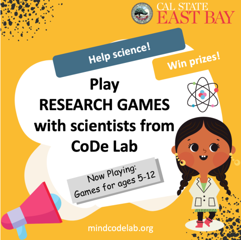 yellow background with kid scientist pictured, text reads play research games with scientists from CoDe Lab