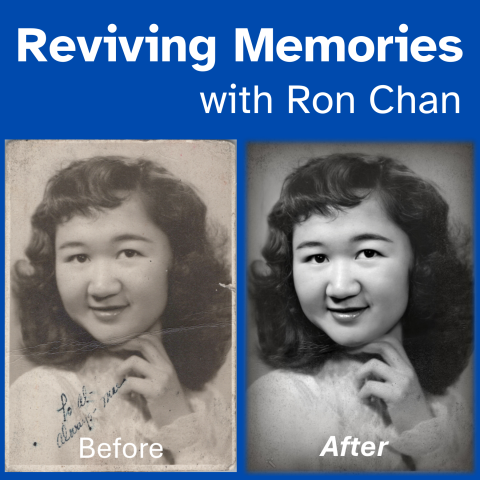 Before and after photo of a restored black and white portrait photograph