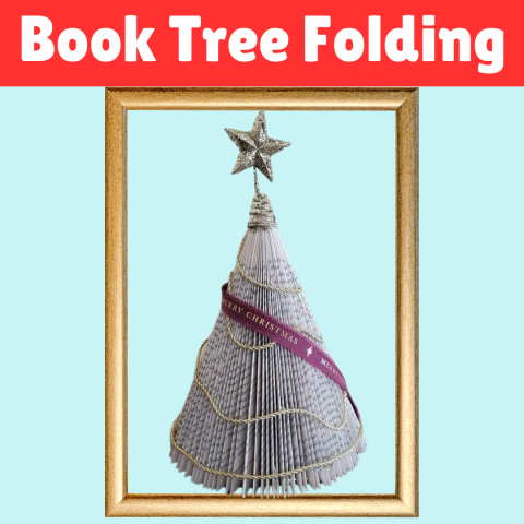 Folded book decorated like a christmas tree. light blue background white text says book tree folding