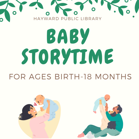 white background, green letters say baby storytime, images of parents with babies