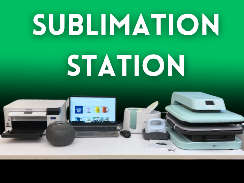 Sublimation printer, laptop, mug press, hat press, auto heat press on a table.