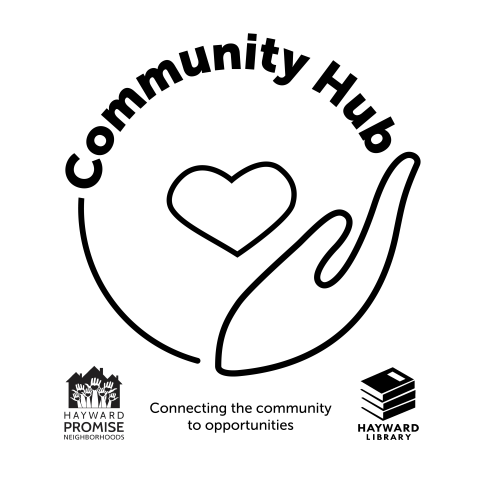 The text "Community Hub" outlining a circle with a hand holding a heart in the center. "Connecting the community to opportunities" included below circle. 