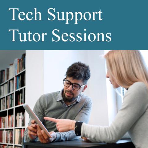 Man tutors woman on a tablet