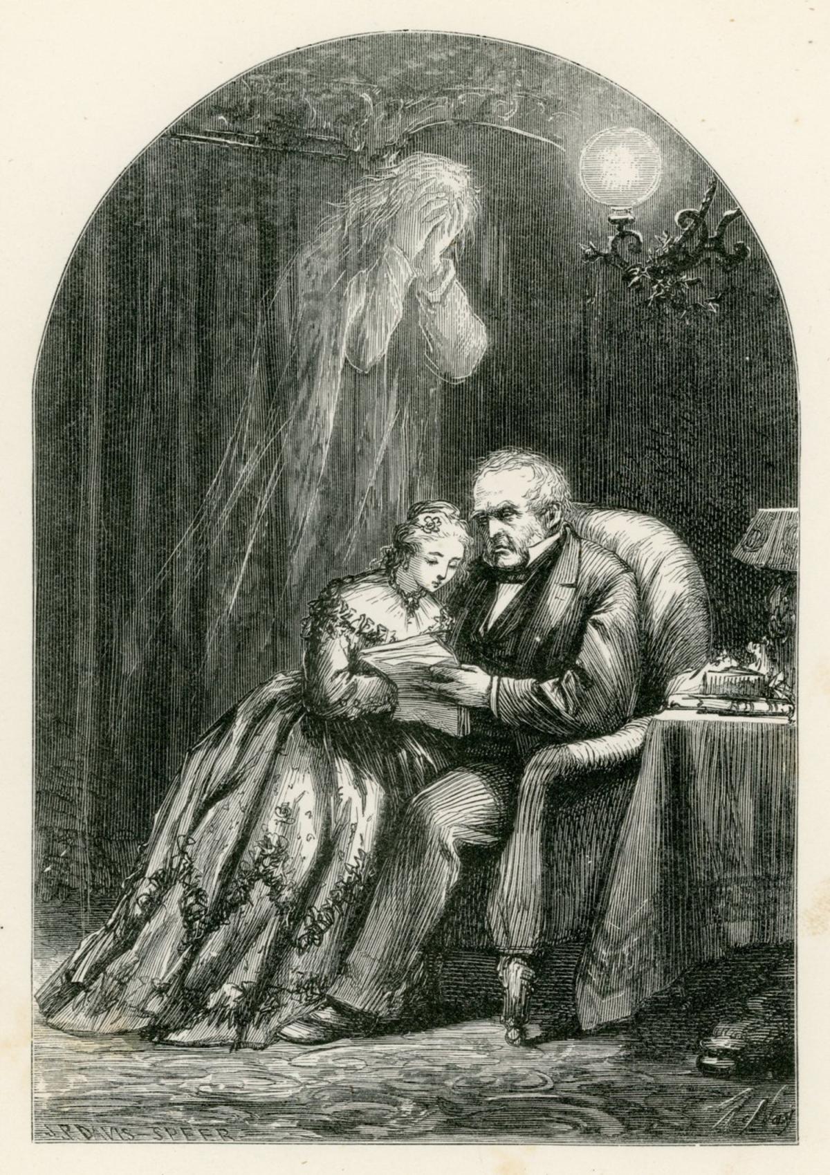 A Victorian etching of two people in a chair reading while a ghost hovers above them.