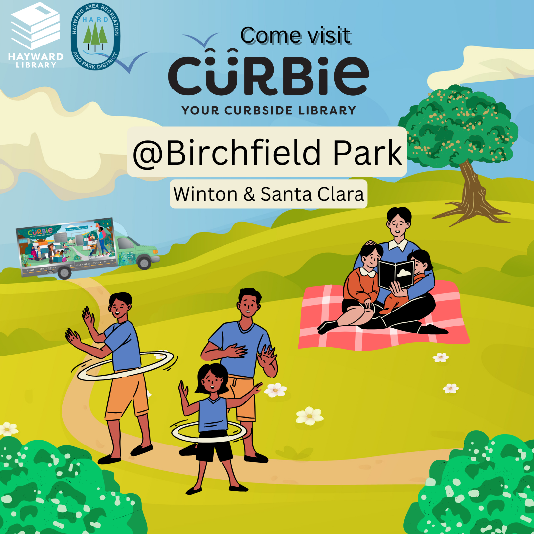 Text reads, "Come Visit Curbie at Birchfield Park, Winton & Santa Clara"; Image is of children and families at the park with Curbie in the distance..