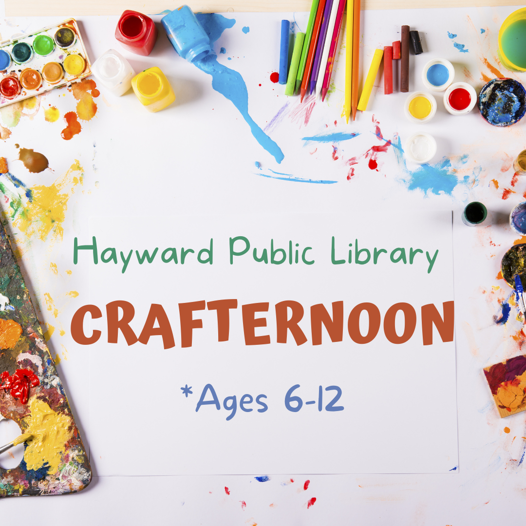 Text that reads "Crafternoon", ages 6-12 with images of colorful paints and paintbrushes.