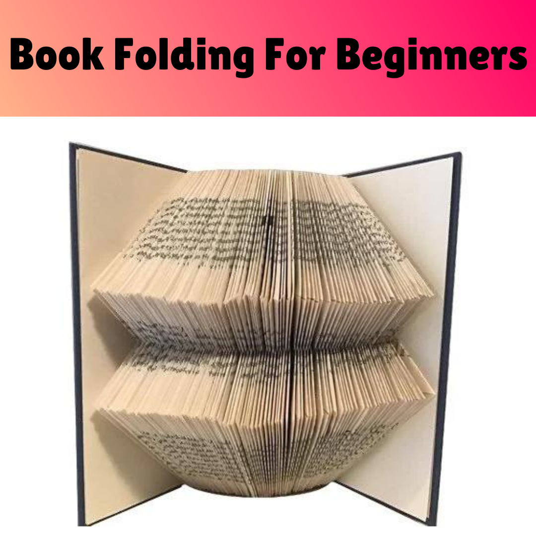 text: book folding for beginners on orange pink background. Folded book image underneath