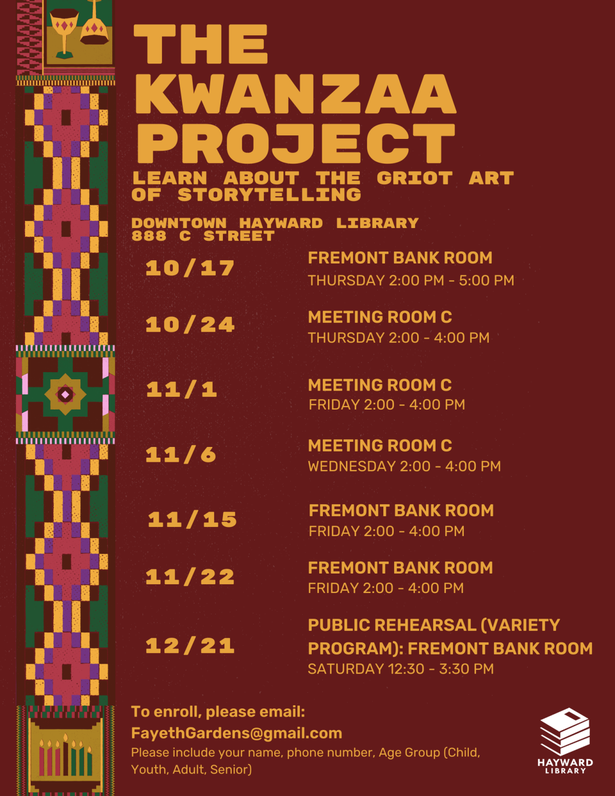 Flyer listing future dates and times of Kwanzaa Project