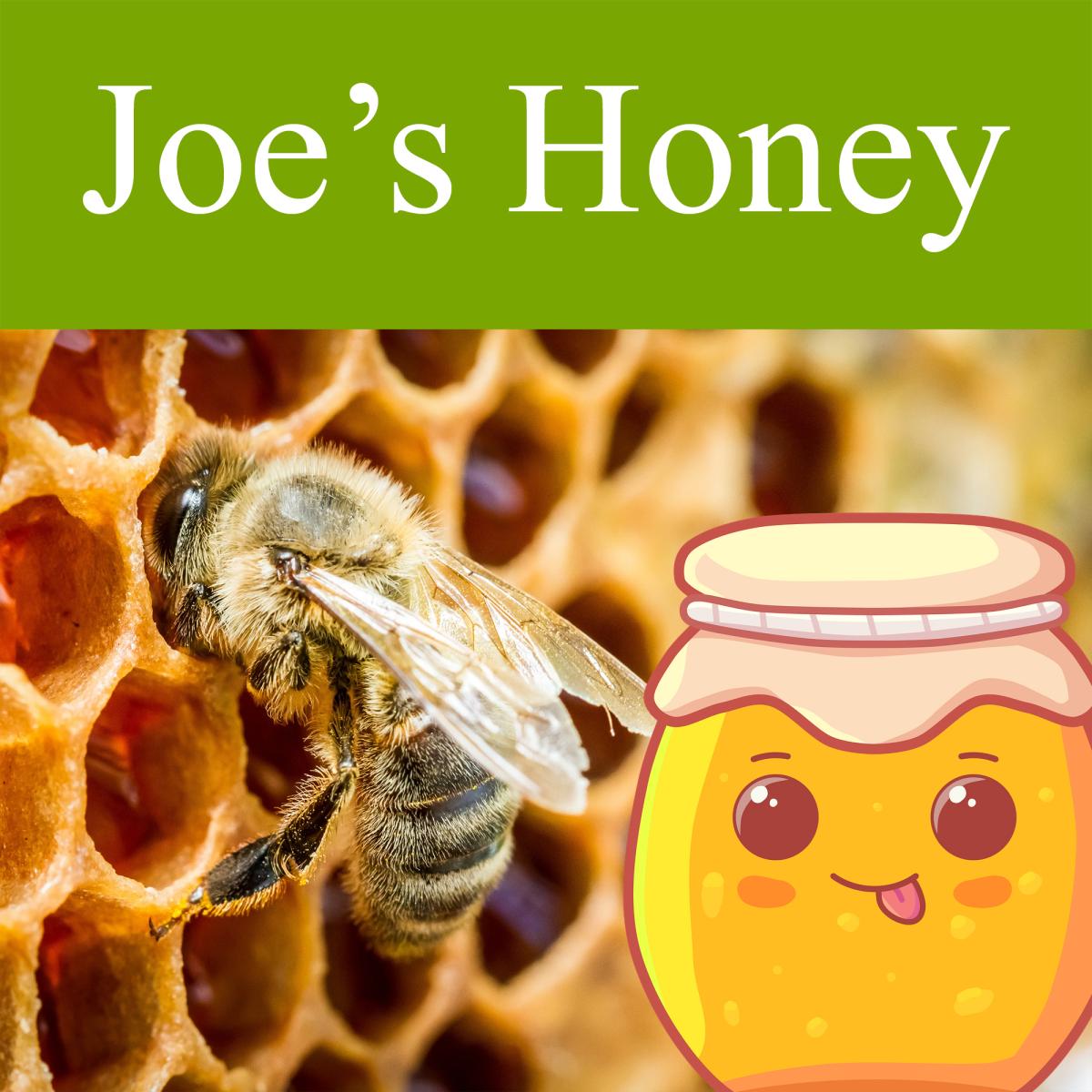 closeup of a bee inside a beehive, with a kawaii honey jar superimposed