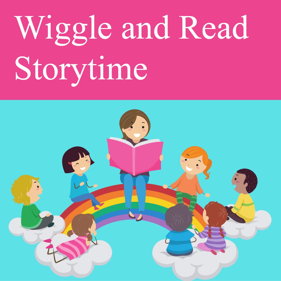 sky blue background. 7 Kids and 1 female adult sitting in a circle on a rainbow reading