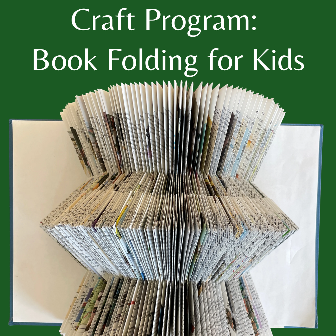 image of folded book text reads craft program book folding for kids